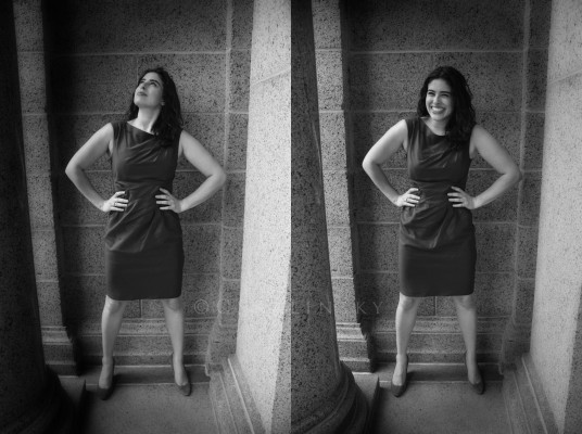 Two shots of Dr. Lewin in Superwoman pose in black and white, laughing at herself in one.